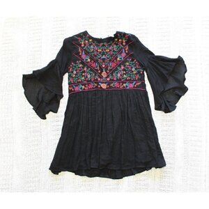 Umgee Boho Black floral Embroidered Mini Dress Size Small Bell-Sleeve Casual